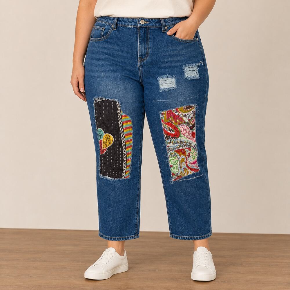 POL Patchwork Distressed Straight Leg Jeans Boho Artisan Denim Size L